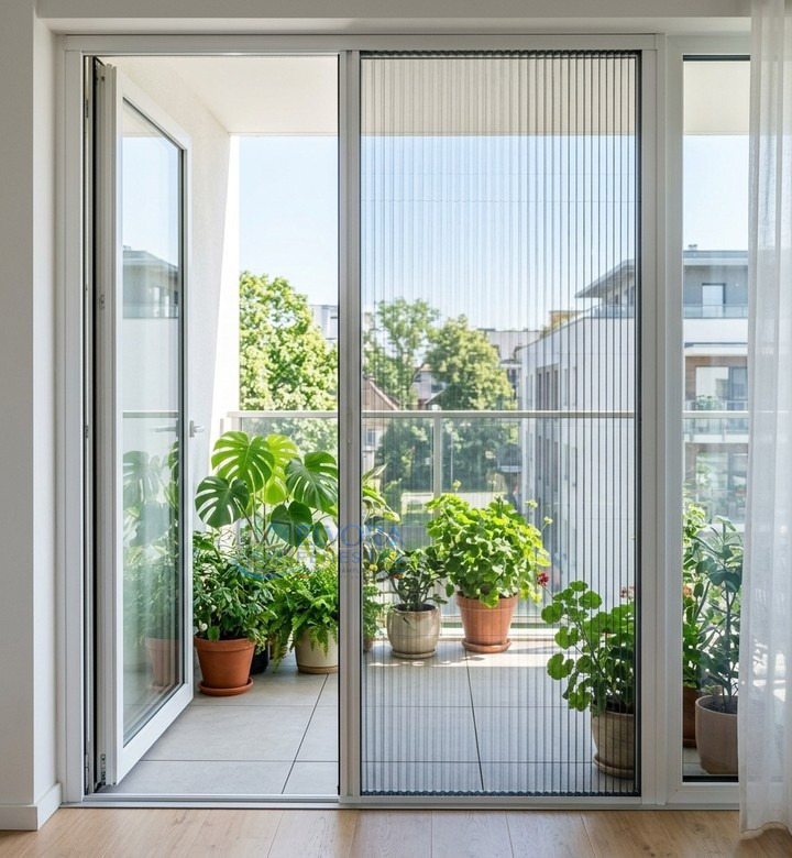 Plasă de țânțari plisse pe ușa de balcon
